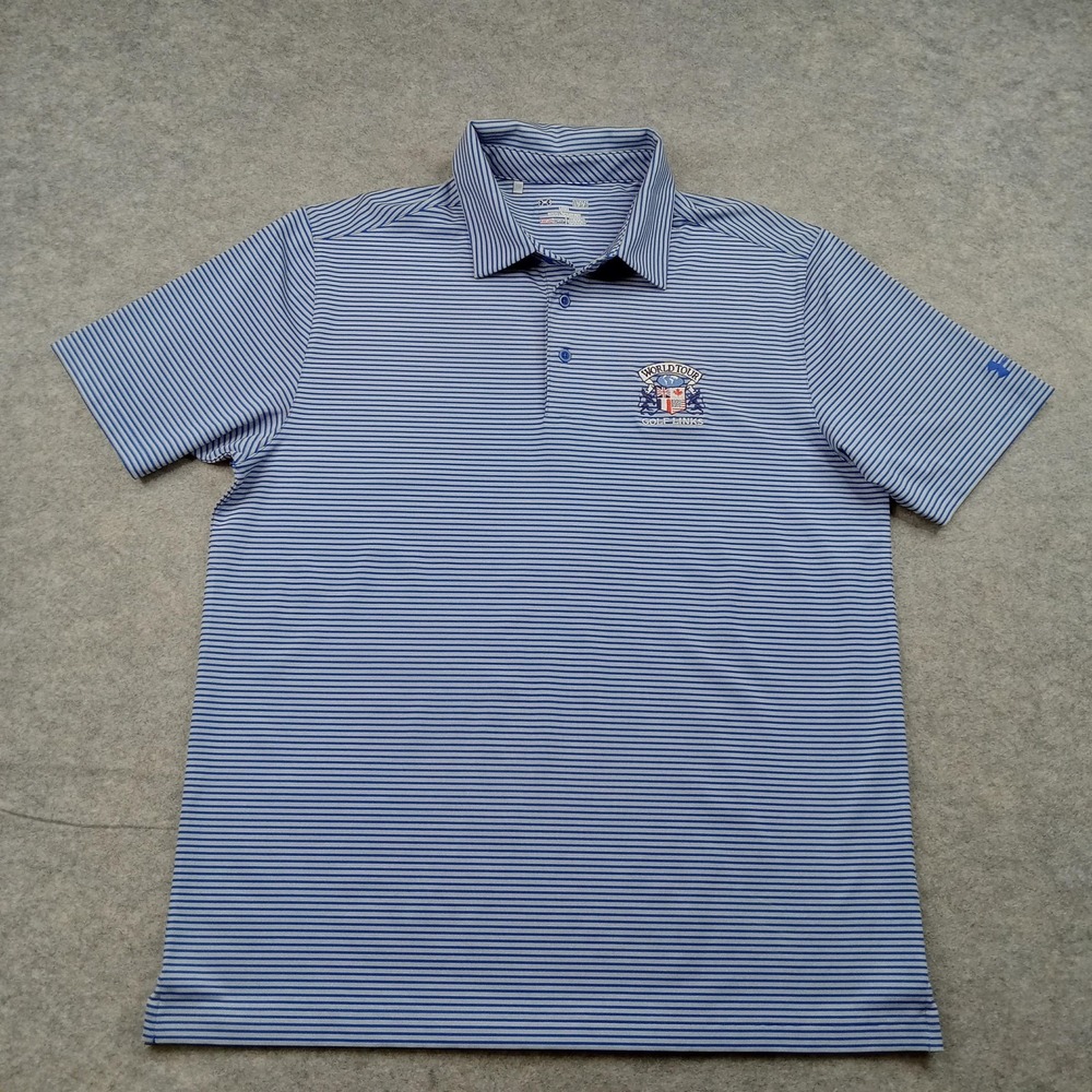 Under Armour Polo Shirt‎ Mens Large Blue Stripe HeatGear Golf Logo Performance